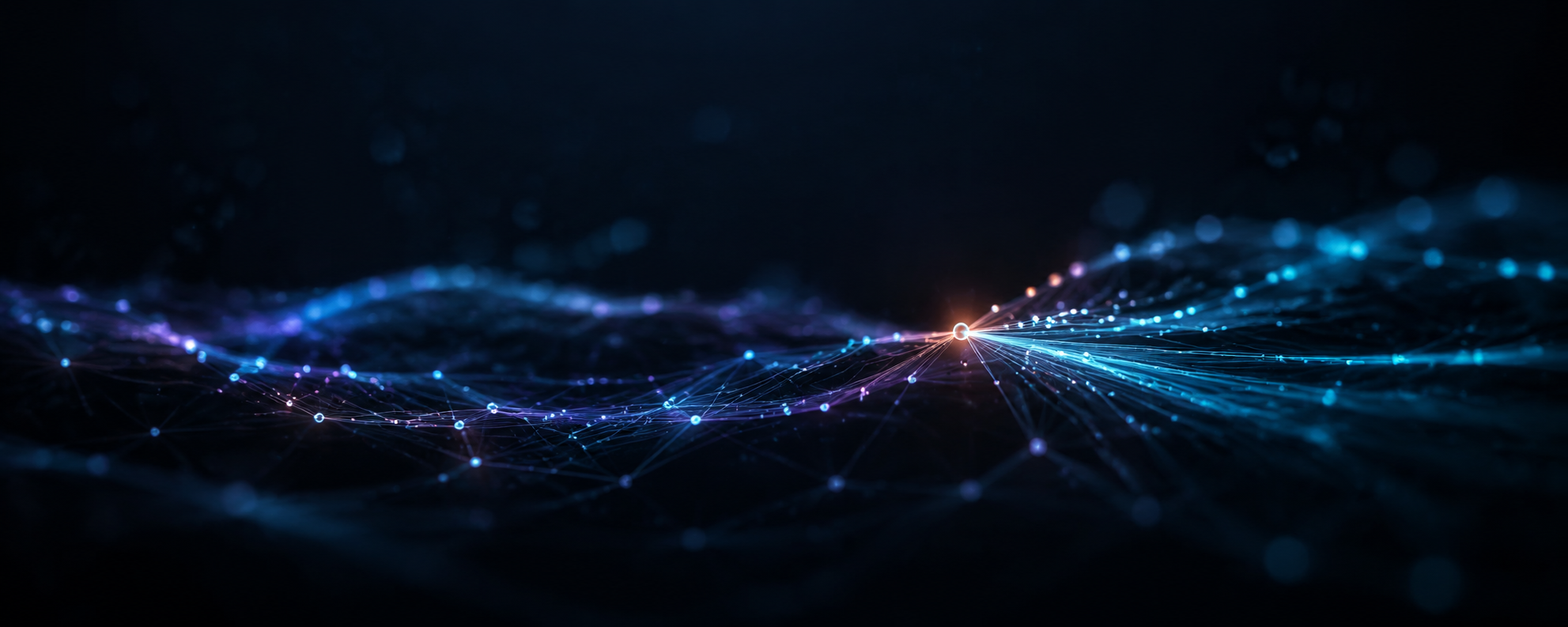 Abstract luminous network of nodes and filaments converging into a single bright AI model endpoint.