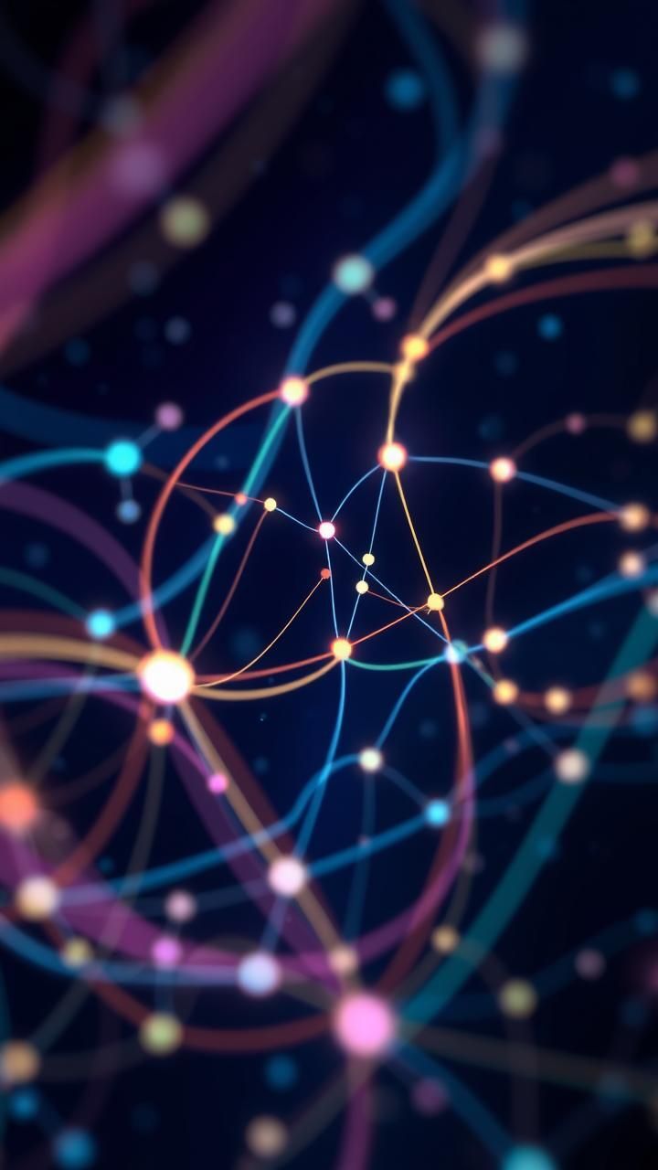 Constellation of bright nodes joined by coloured arcs against a deep navy field