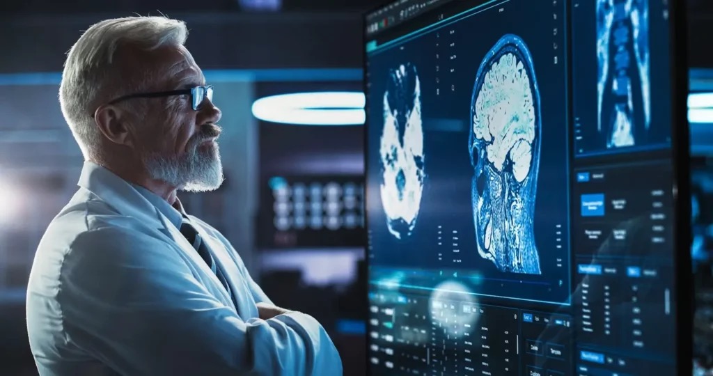 A physician reviewing AI-assisted brain MRI scans on large diagnostic displays
