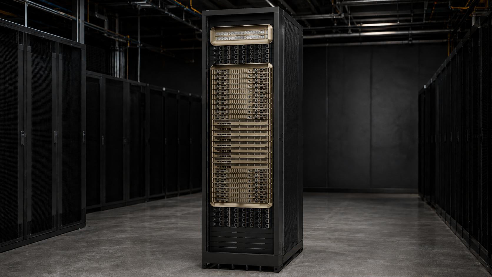 A single AI rack standing in a dark data-center aisle, its front doors open to reveal stacked compute trays.